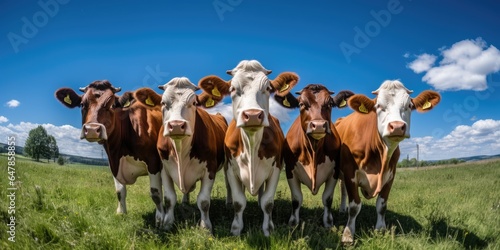 Group Of Cows Standing Next To Each Other On A Field. Generative AI