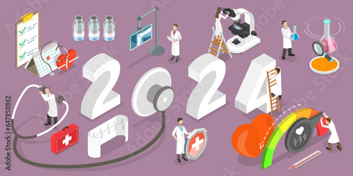 3D Isometric Flat Vector Conceptual Illustration of Healthcare And Medicine In New Year 2024, Medical Web Banner