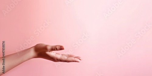 Hand pointing to empty space for text on pink background