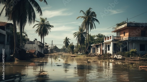 Flooded village with a damaged car, damaged houses, rubble and mud on the street. © Simon