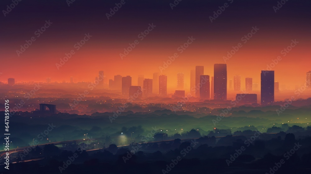 Dreamy sunset in the city landscape with a neon gradient 