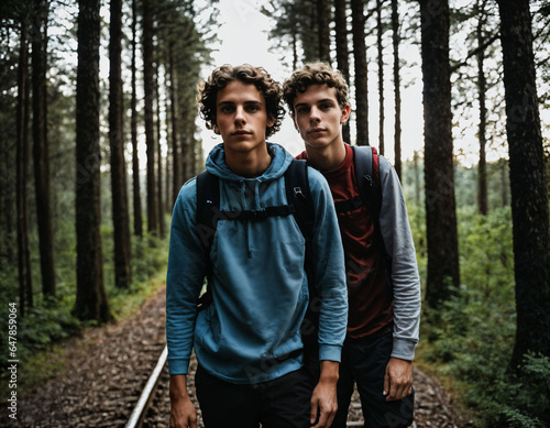 photo group of teenage as a backpacker in the dark wood, generative AI