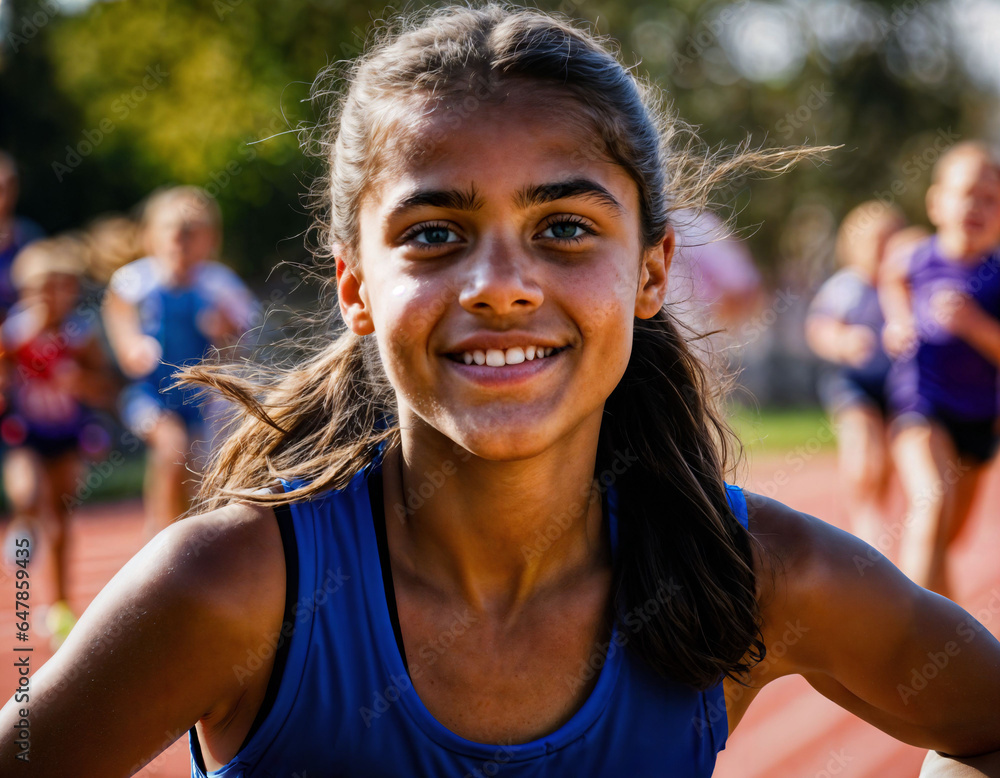 photo of girl kids running race sport at school, generative AI photo of girl kids running race sport at school, generative AI