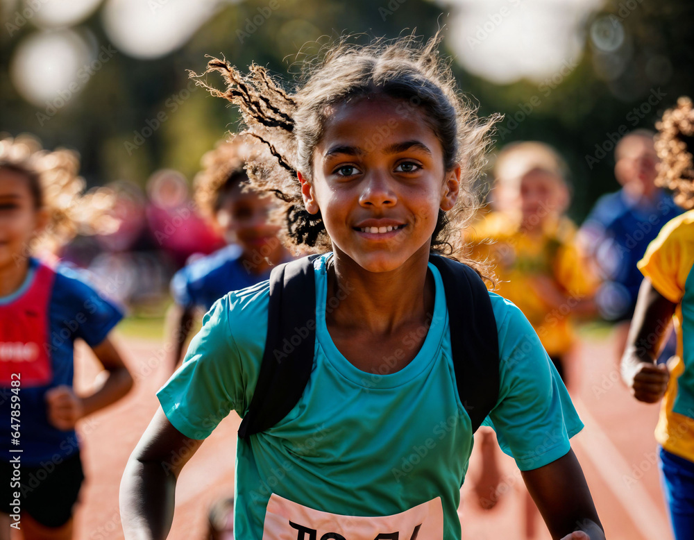 photo of girl kids running race sport at school, generative AI