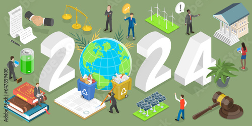 3D Isometric Flat Vector Conceptual Illustration of New Year 2024 Environmental Legislation, Pollution Prevention Laws