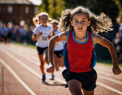 photo of girl kids running race sport at school  generative AI