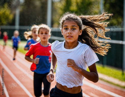 photo of girl kids running race sport at school, generative AI