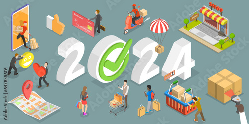 3D Isometric Flat Vector Conceptual Illustration of E-commerce Trends In New Year 2024, Online Shopping And Retail Perspectives In Nearest Future