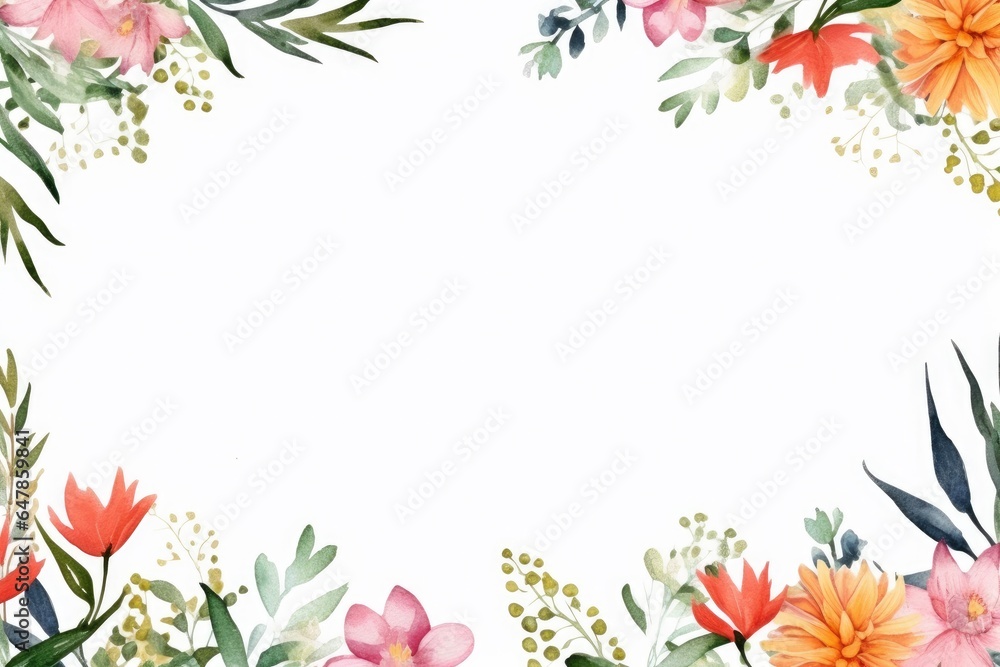 Flowers and leaves as a frame on a wedding invitation card design with white background. Empty space for your text in the middle. Floral wallpaper.