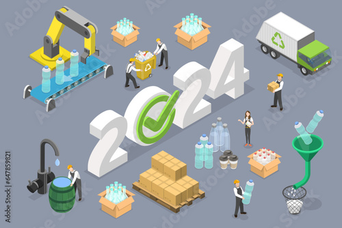 3D Isometric Flat Vector Conceptual Illustration of New Year 2024 And Plastics Recycling, Reducing Pollution And Waste, Saving The Earth