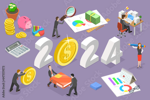3D Isometric Flat Vector Conceptual Illustration of New Year 2024 And Financial Audit, Company Performance, Analysis And Statistics