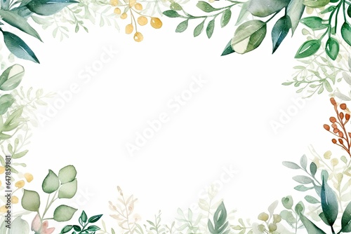 Green leaves as a frame with empty white background space for your text. Wedding invitation or postcard design in watercolor wallpaper style. © Simon