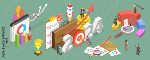 3D Isometric Flat Vector Conceptual Illustration of 2024 - Successful Year Of Financial Opportunities, Business Plans And Goals