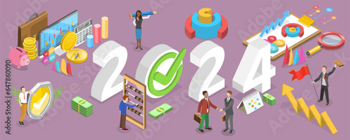 3D Isometric Flat Vector Conceptual Illustration of 2024 Financial Year, Business Aims And Achievements