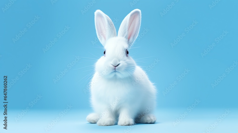 a white rabbit sitting on a blue background