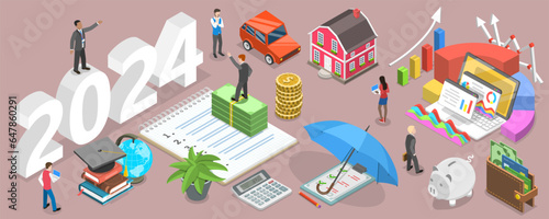 3D Isometric Flat Vector Conceptual Illustration of Budget For New 2024 Year, Business Or Family Financial Planning
