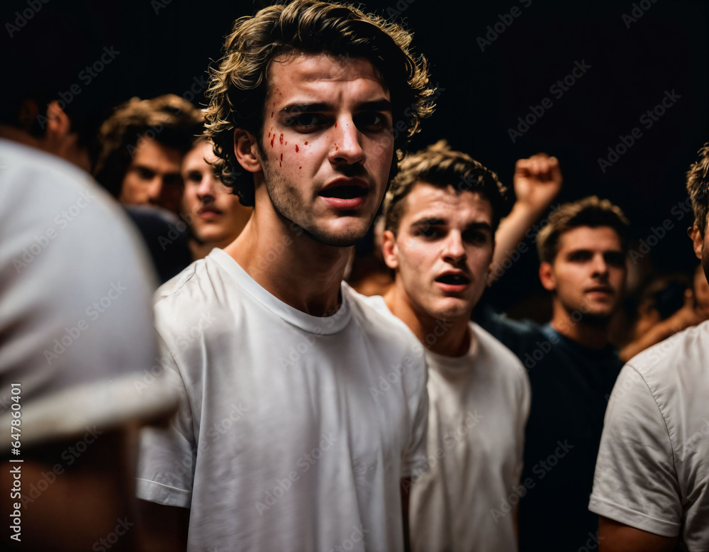 photo group of rage angry teenage college boy fighting the other with wound on face, generative AI photo group of rage angry teenage college boy fighting the other with wound on face, generative AI