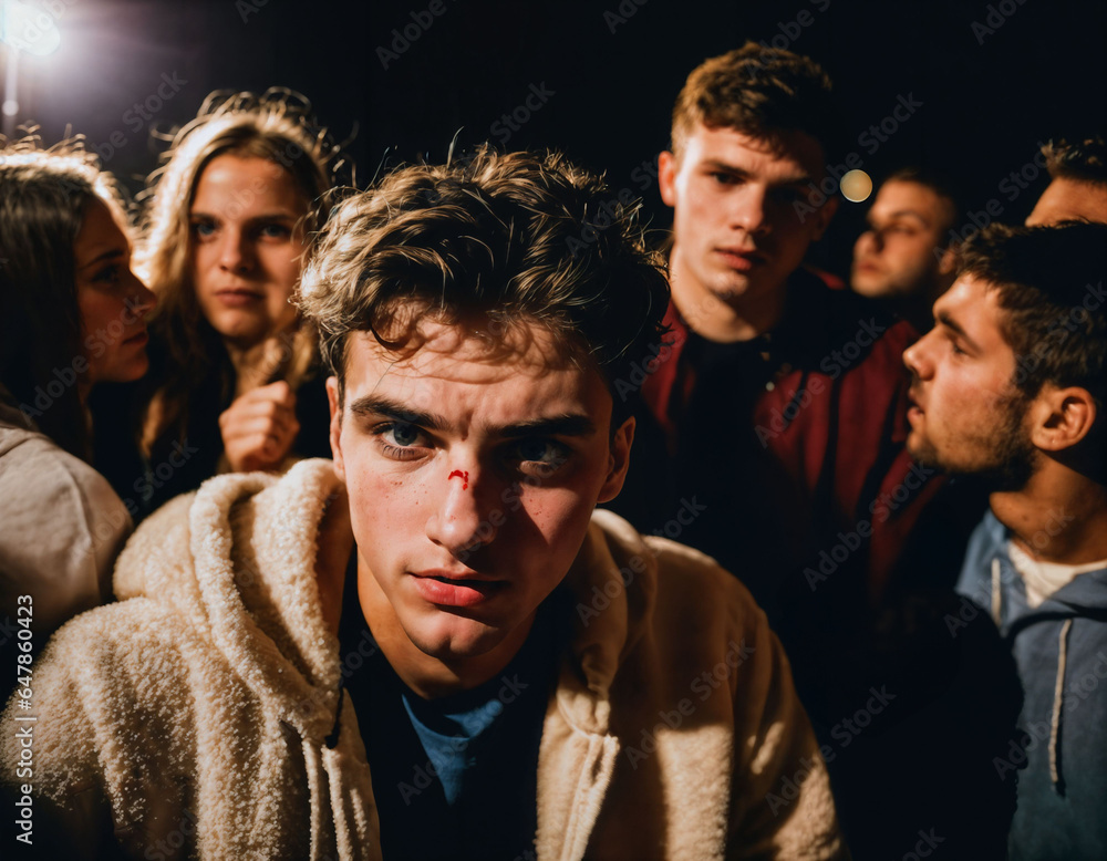 photo group of rage angry teenage college boy fighting the other with wound on face, generative AI photo group of rage angry teenage college boy fighting the other with wound on face, generative AI