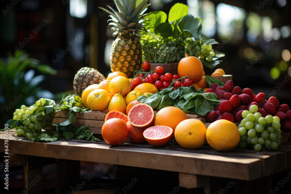 A vibrant display of colorful fruits at a lively market stall.  Generative AI.