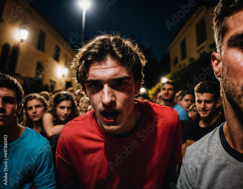 photo group of rage angry teenage college boy fighting the other with wound on face, generative AI © Pathompong