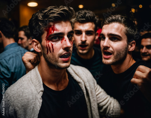photo group of rage angry teenage college boy fighting the other with wound on face, generative AI © Pathompong