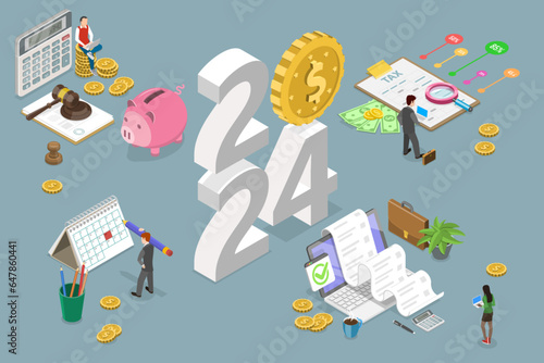 3D Isometric Flat Vector Conceptual Illustration of New Year 2024 And Taxes, Tax Calculation Advisory Service