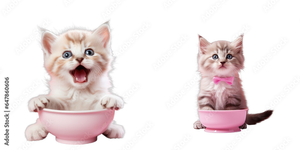 Fotografie Png Set Kitten with meat and white banner in transparent background