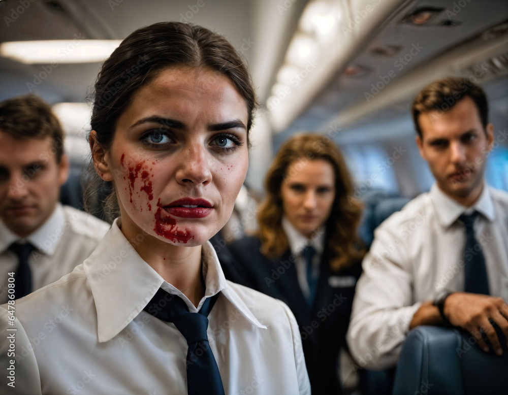 photo of rage angry air hostess crew woman arguing the other with wound on face, generative AI photo of rage angry air hostess crew woman arguing the other with wound on face, generative AI