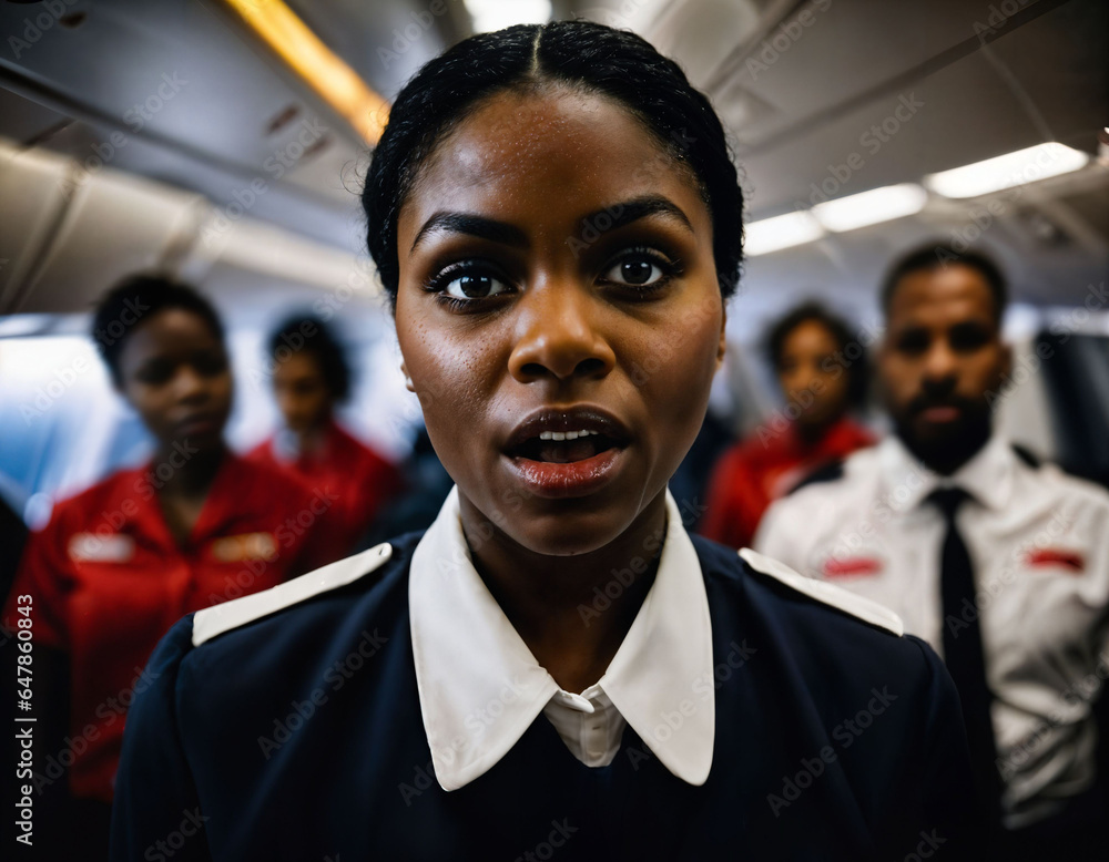 photo of rage angry black air hostess crew woman arguing the other with wound on face, generative AI