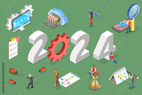 3D Isometric Flat Vector Conceptual Illustration of New Year 2024 And Software Development, Agile Project Management