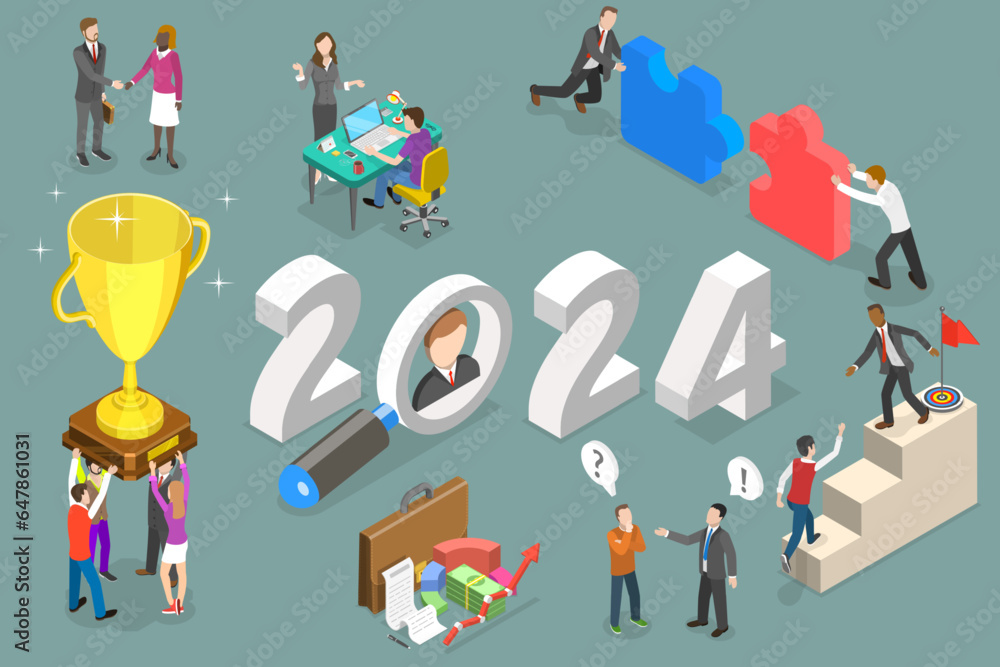 3D Isometric Flat Vector Conceptual Illustration of New Year 2024 And Employees Onboarding, HR Managment 3D Isometric Flat Vector Conceptual Illustration of New Year 2024 And Employees Onboarding, HR Managment