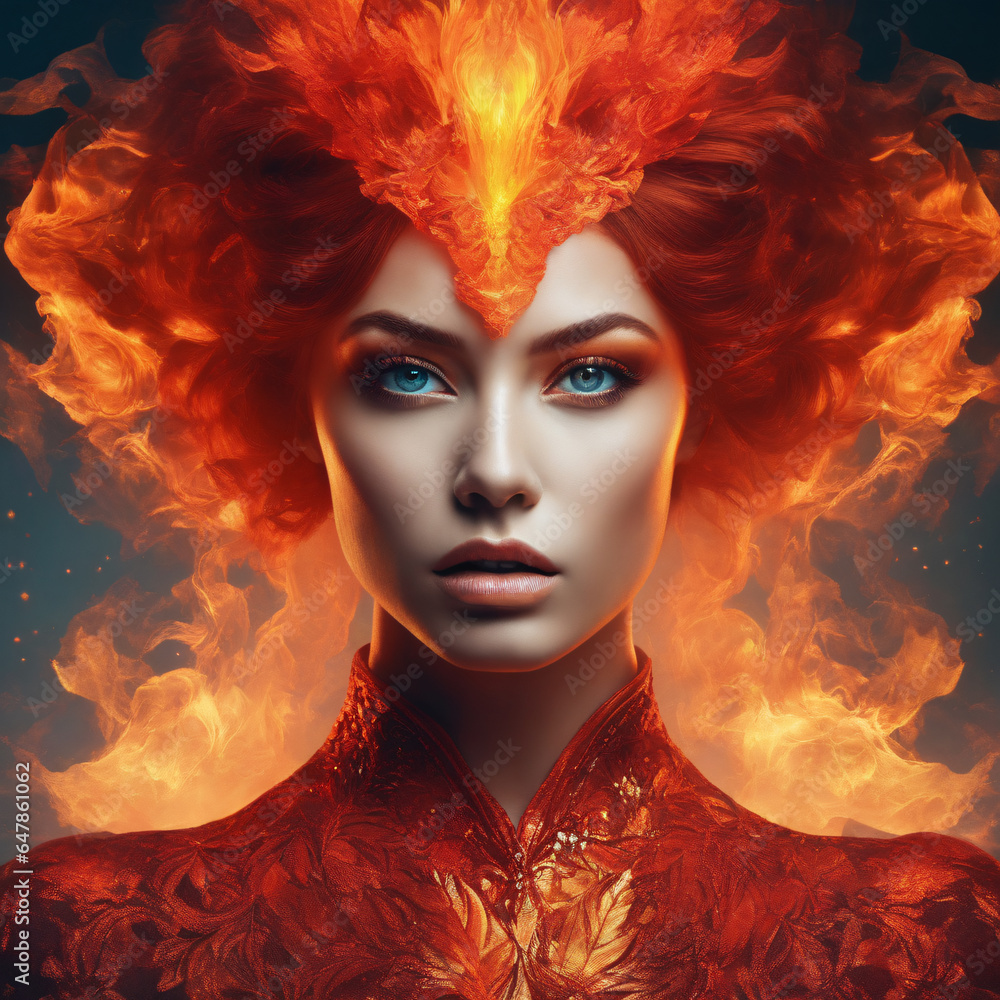 Portrait of a beautiful woman with bright make-up over fire background.