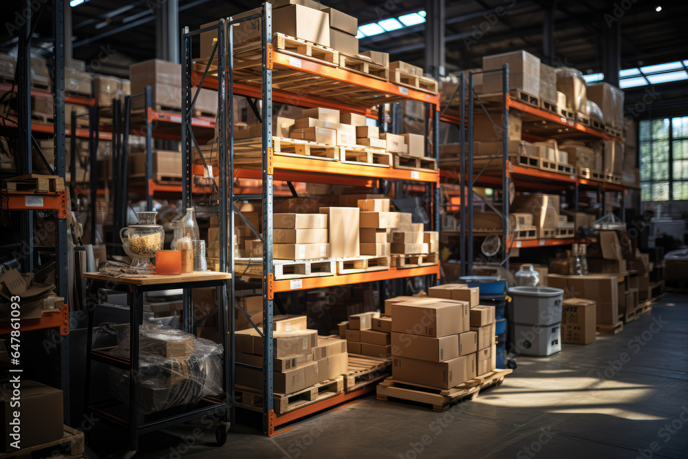 An e-commerce warehouse with shelves stacked full of products, ready for shipment. Generative AI. An e-commerce warehouse with shelves stacked full of products, ready for shipment. Generative AI.