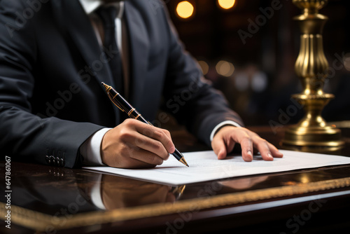 A close-up shot of a businessman's hand signing an important contract with a fountain pen. Generative Ai.