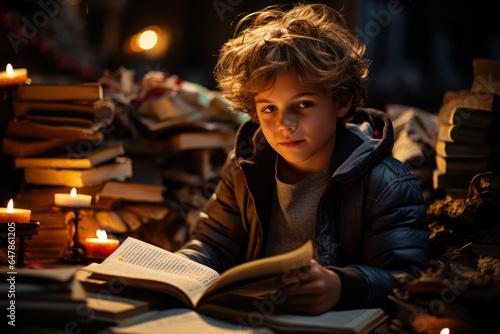 A child engrossed in reading a book, with a stack of other books beside them. Generative Ai.