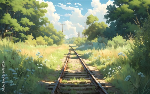 rust-covered tracks completely enveloped by wildflowers and tall grass © Tingki