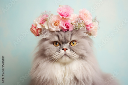 Cat with flowers crown on head in front of pastel blue background © Firn