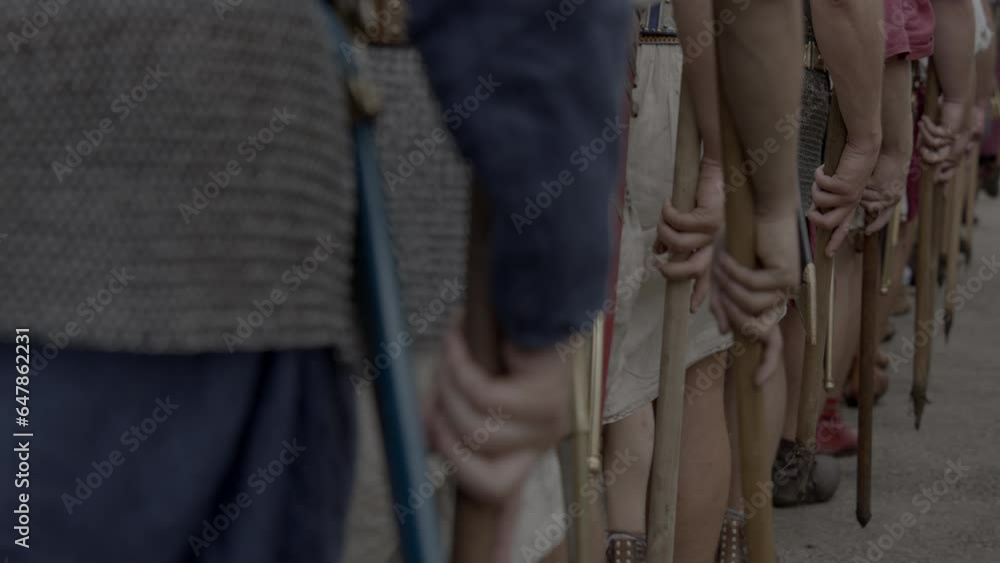 Group of Epic Armies Troop of Historical Gladiators in Uniform Going to War Group of Epic Armies Troop of Historical Gladiators in Uniform Going to War