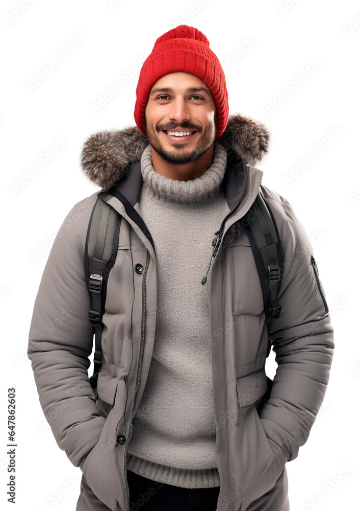 Portrait of young man wearing winter clothes over isolated transparent background Portrait of young man wearing winter clothes over isolated transparent background