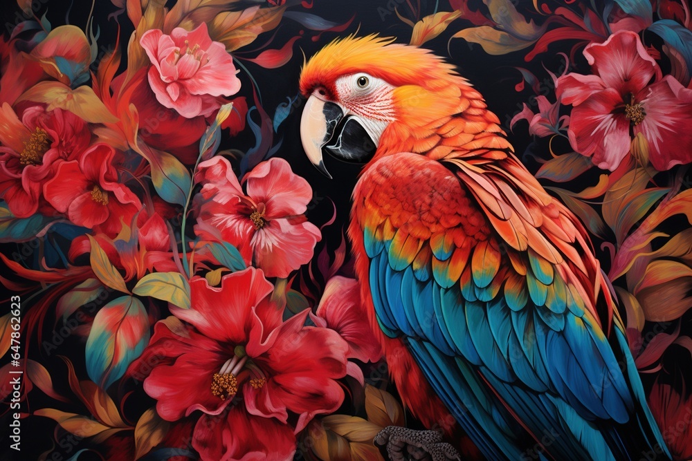 Fototapeta premium Colorful macaw bird in the style of old painting with colorful flowers over dark background