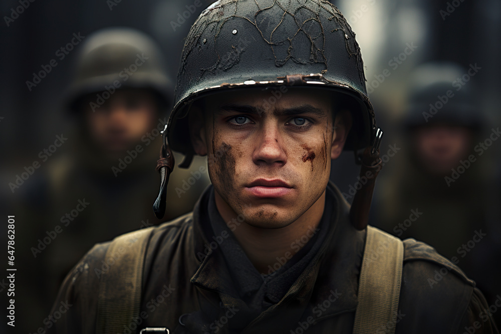 A cinematic portrait that evokes the dark era of World War II. Soldier in combat zone with vintage uniform. Dramatic scene of a soldier's bravery. A cinematic portrait that evokes the dark era of World War II. Soldier in combat zone with vintage uniform. Dramatic scene of a soldier's bravery.