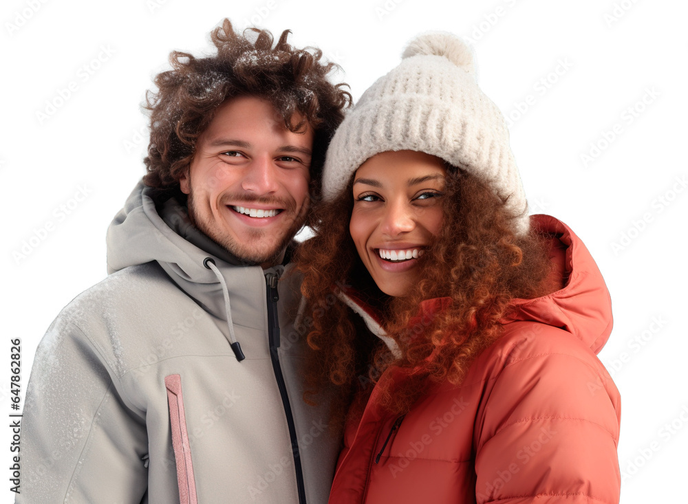 Happy multi ethnic couple enjoying winter holidays posing over isolated white background Happy multi ethnic couple enjoying winter holidays posing over isolated white background