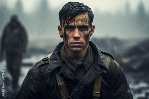 A cinematic portrait that evokes the dark era of World War II. Soldier in combat zone with vintage uniform. Dramatic scene of a soldier's bravery. photo