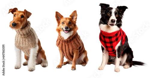 Three different dogs wearing winter sweaters posing over isolated white transparent background