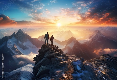 Hikers at a mountain top overlooking a stunning view. Teamwork and success concept. © Simon