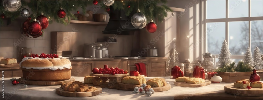 Christmas Bakery with christimas decoration. Kitchen decorated with christmas decoration and christmas  bakery products Generative AI.