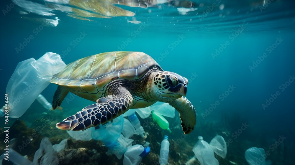 Fototapeta premium A turtle swims in a plasticpolluted ocean