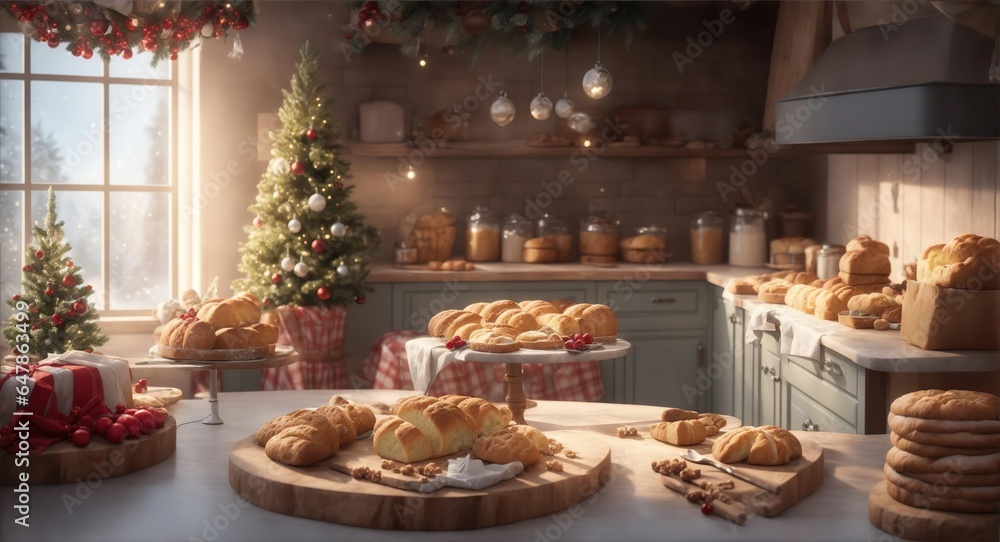 Christmas Bakery with christimas decoration. Kitchen decorated with christmas decoration and christmas bakery products Generative AI. Christmas Bakery with christimas decoration. Kitchen decorated with christmas decoration and christmas bakery products Generative AI.