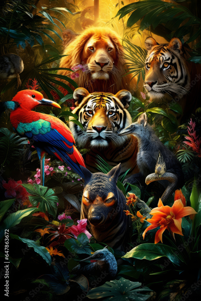 Mixed group of wild animals in the jungle