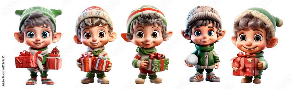 set of Christmas elf 3d character Isolated on transparent background. Smiling elf. Happy elf with gift box set of Christmas elf 3d character Isolated on transparent background. Smiling elf. Happy elf with gift box